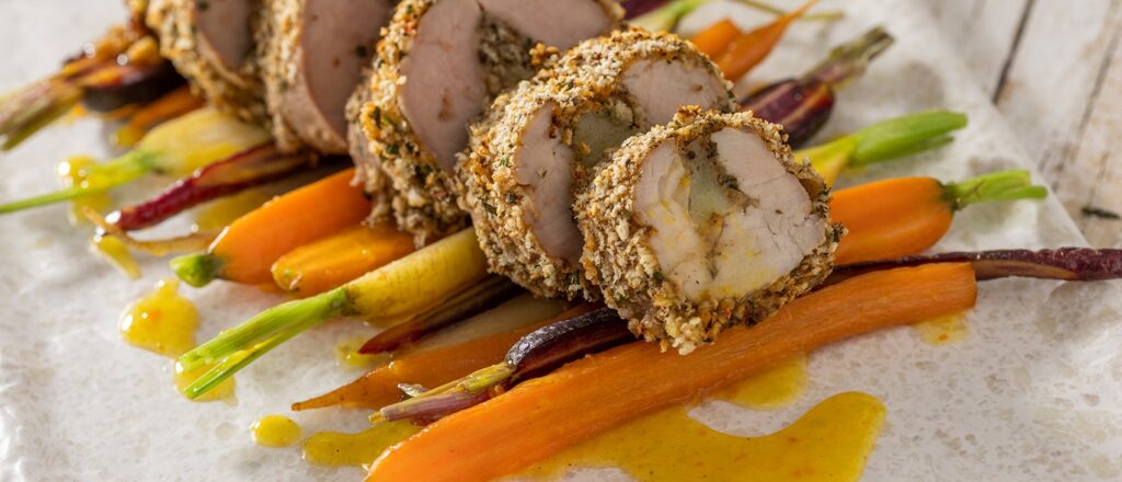 Pork tendenloin with orange and mushroom crumble