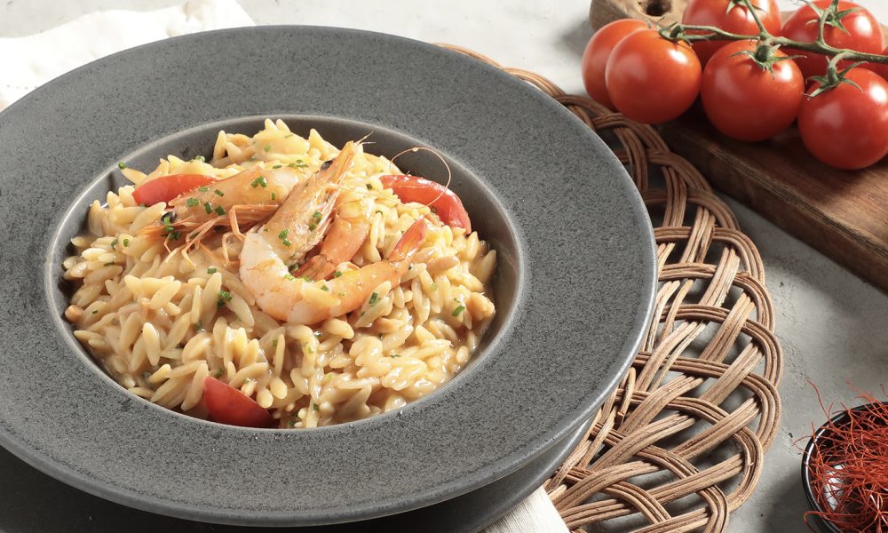Parmesan orzo with shrimp & roasted cherry tomatoes