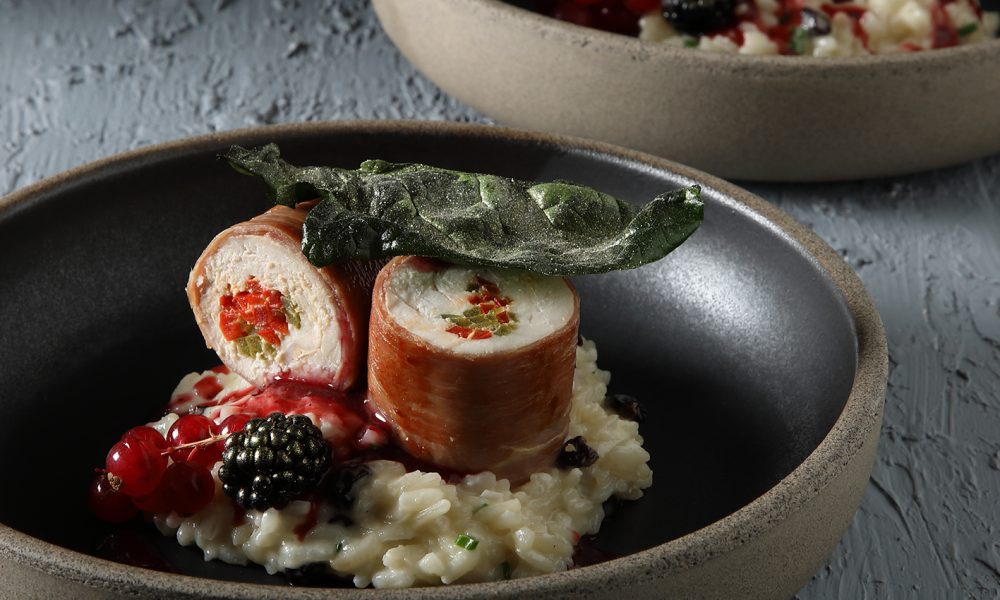 Chicken Ballotine with Risotto, Parmesan, Raisins, and Red Fruit Sauce