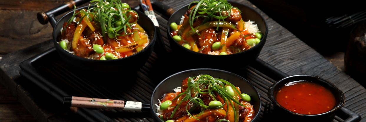 Pork stir-fry with vegetables and steamed rice