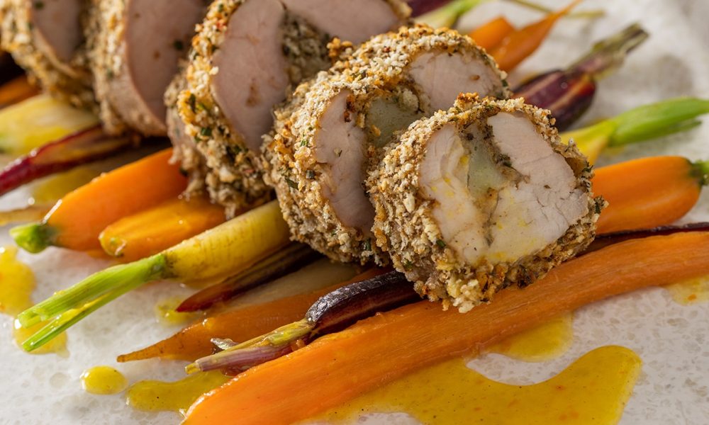 Pork tendenloin with orange and mushroom crumble